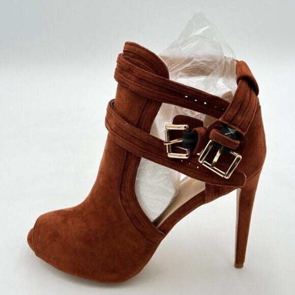 XYD Brown Suede Peep Toe Ankle Boot High Heels Buckled Double Straps Cutout Shoe - Picture 2 of 8